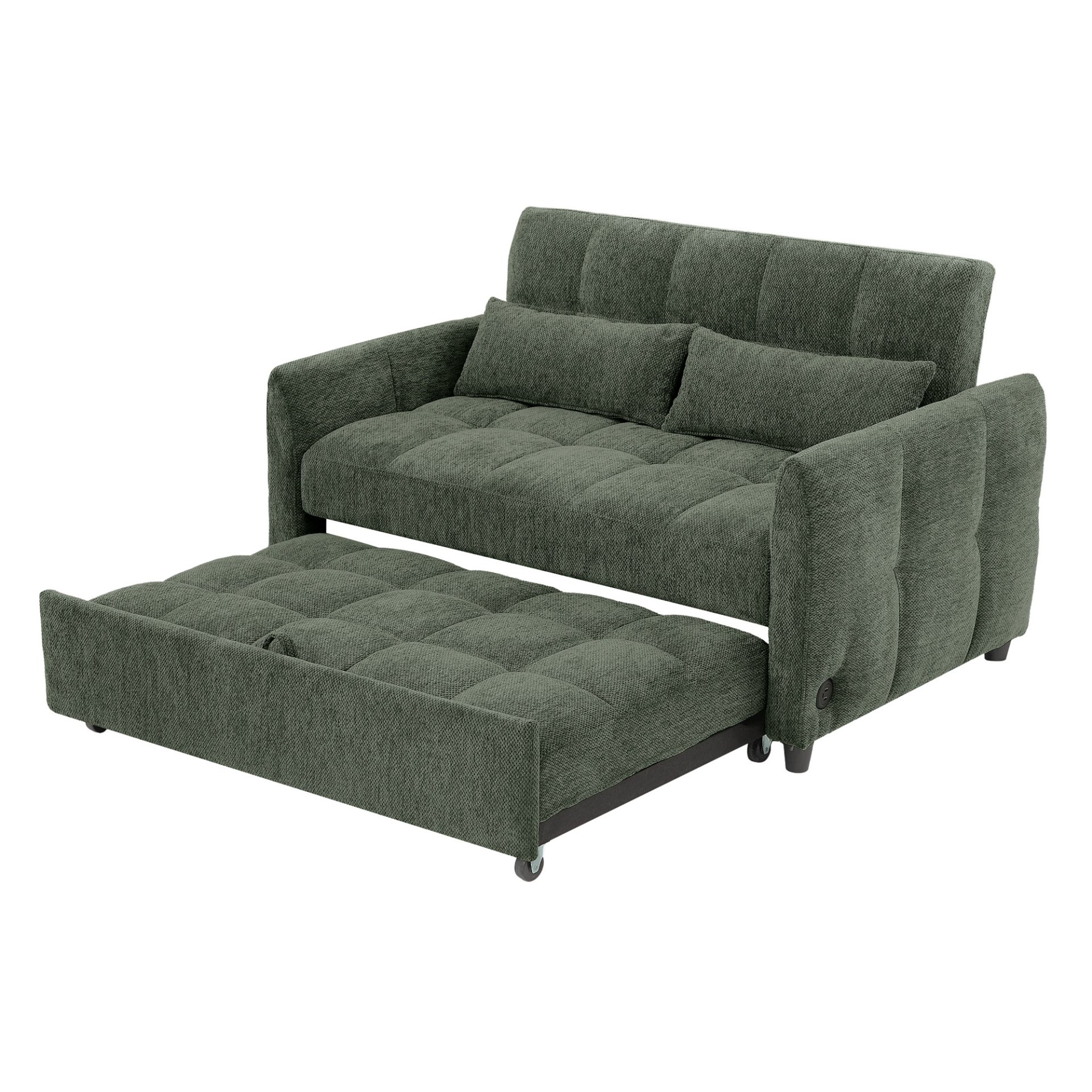 Tufted Loveseat Sofa Bed With Adjustable Backrest, 3 USB Ports, And 2 Lumbar Pillows - Green - Image 11