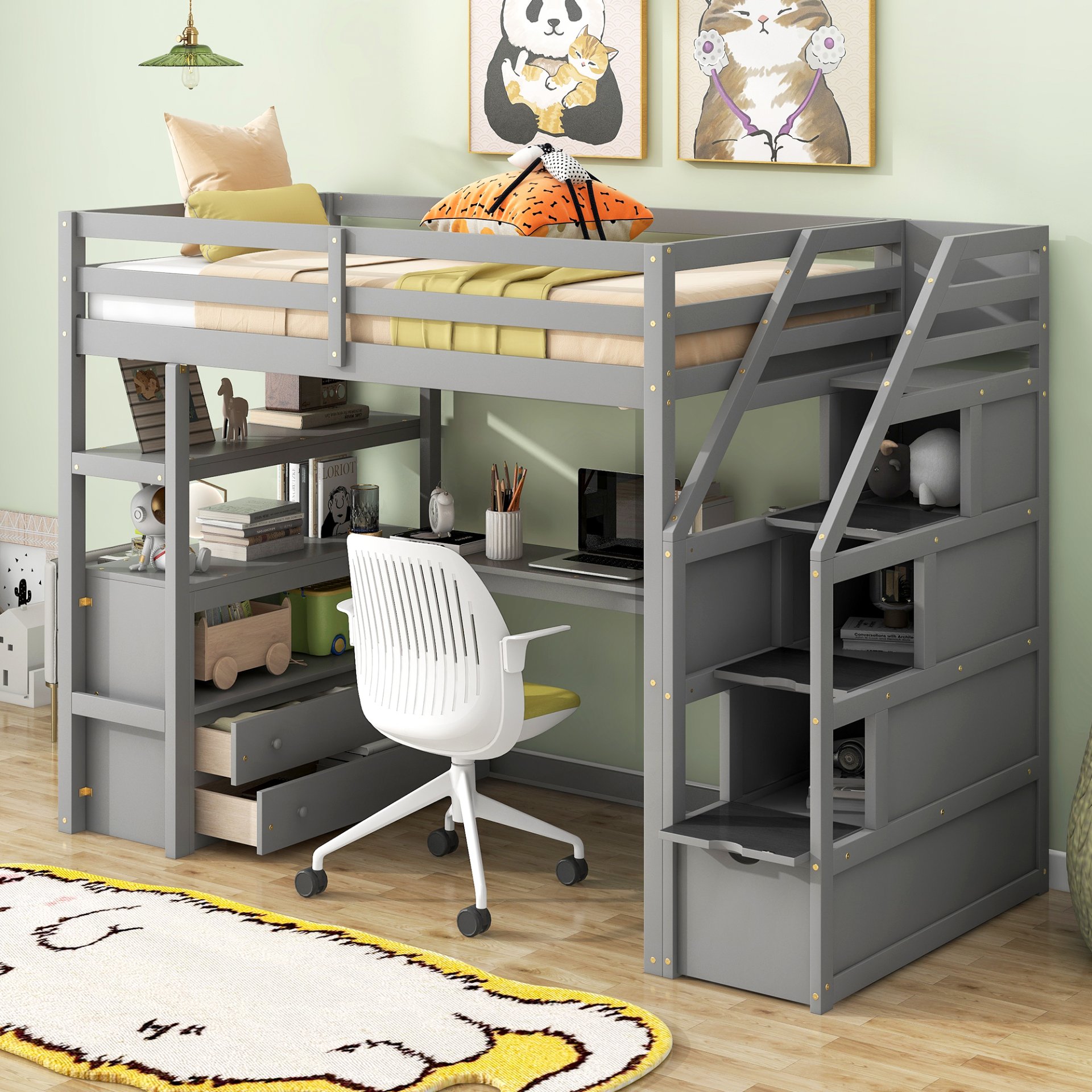 Twin Size Loft Bed With Built In Desk, Shelves, Drawers, And Storage Staircase - Gray - Image 2