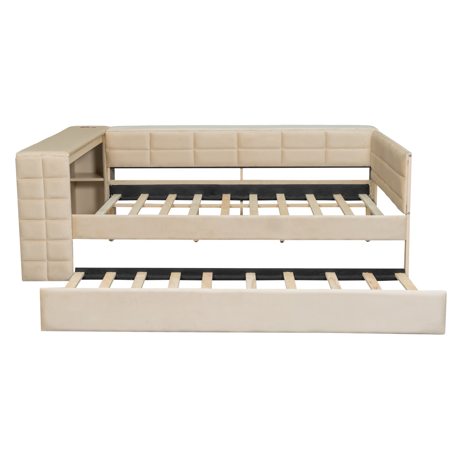 Upholstered Full Size Platform Bed With Storage Shelves, Desk, Charging Station And Trundle - Beige - Image 12