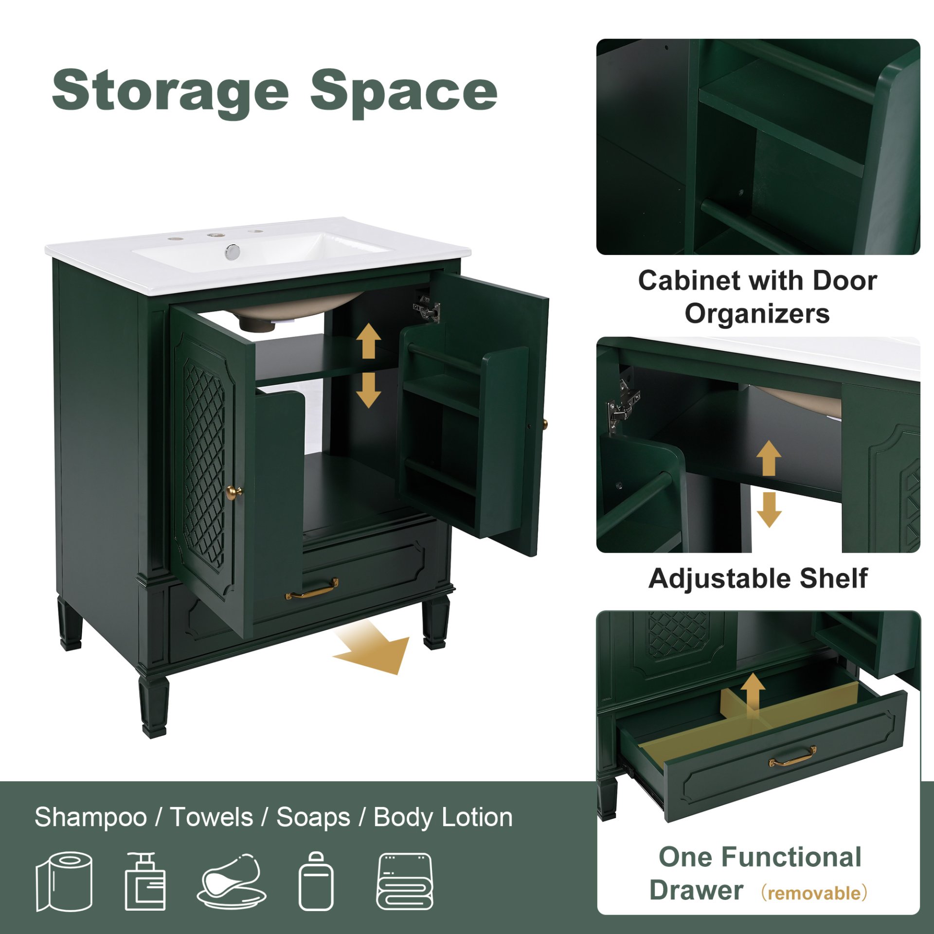 30" Bathroom Vanity With Sink, Soft Closing Door, Multi Functional Storage - Green - Image 9