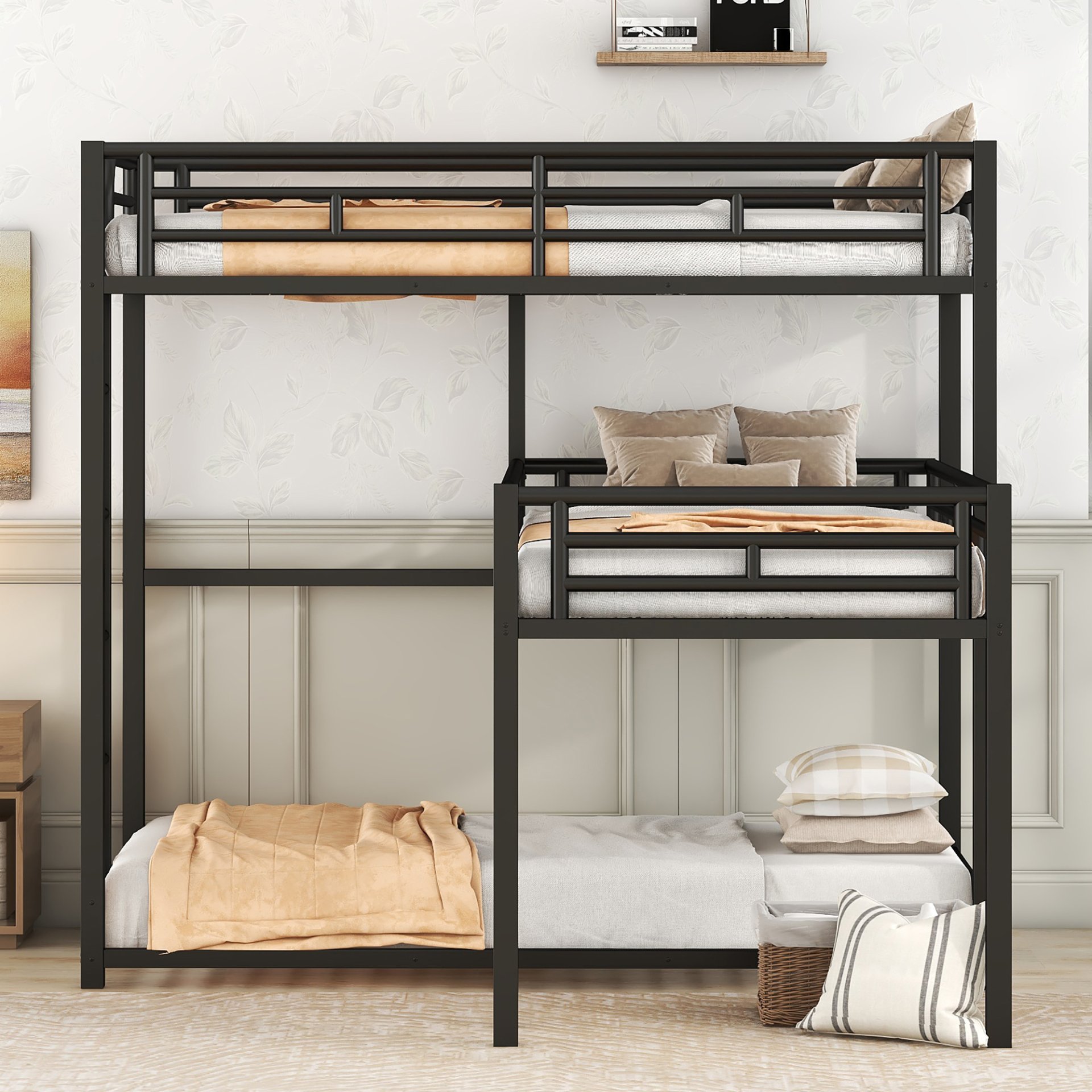 L-Shaped Triple Twin Size Bunk Bed, Industrial Design With Integrated Ladder And Full Length Guardrails - Black - Image 4