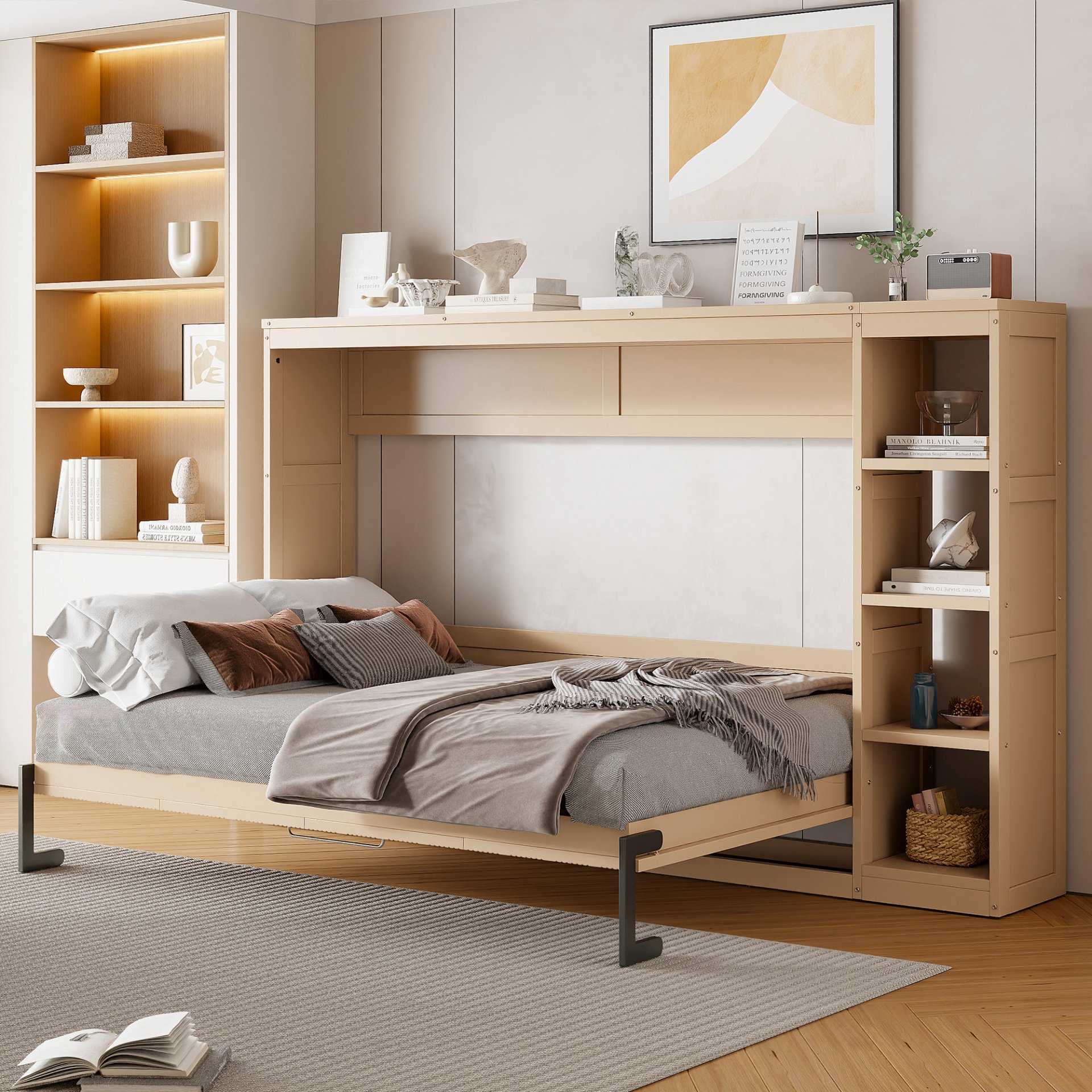 Full Size Murphy Bed With Bookshelf And Storage - Natural - Image 5