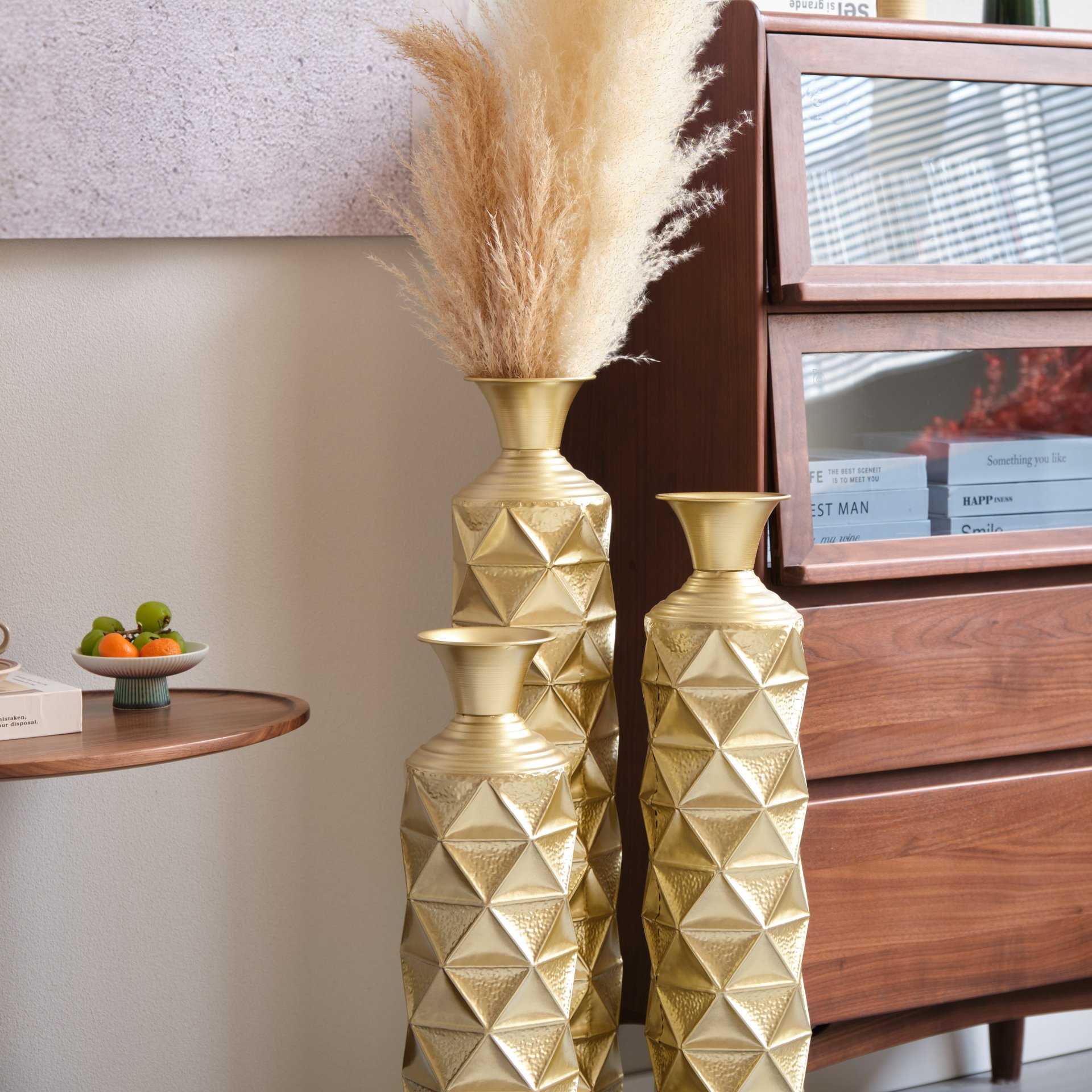 Metal Decorative Vase High Distress Metal Center Vase With 3D Triangle Pattern, (Set of 3) Vases For Home Decoration - Gold - Image 9