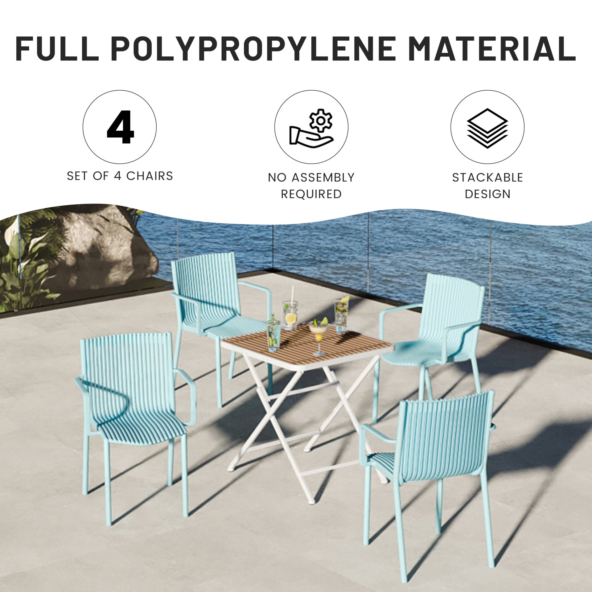 4 Piece Stackable Single Chairs With Vertical Stripe Design For All Weather - Light Blue - Image 12