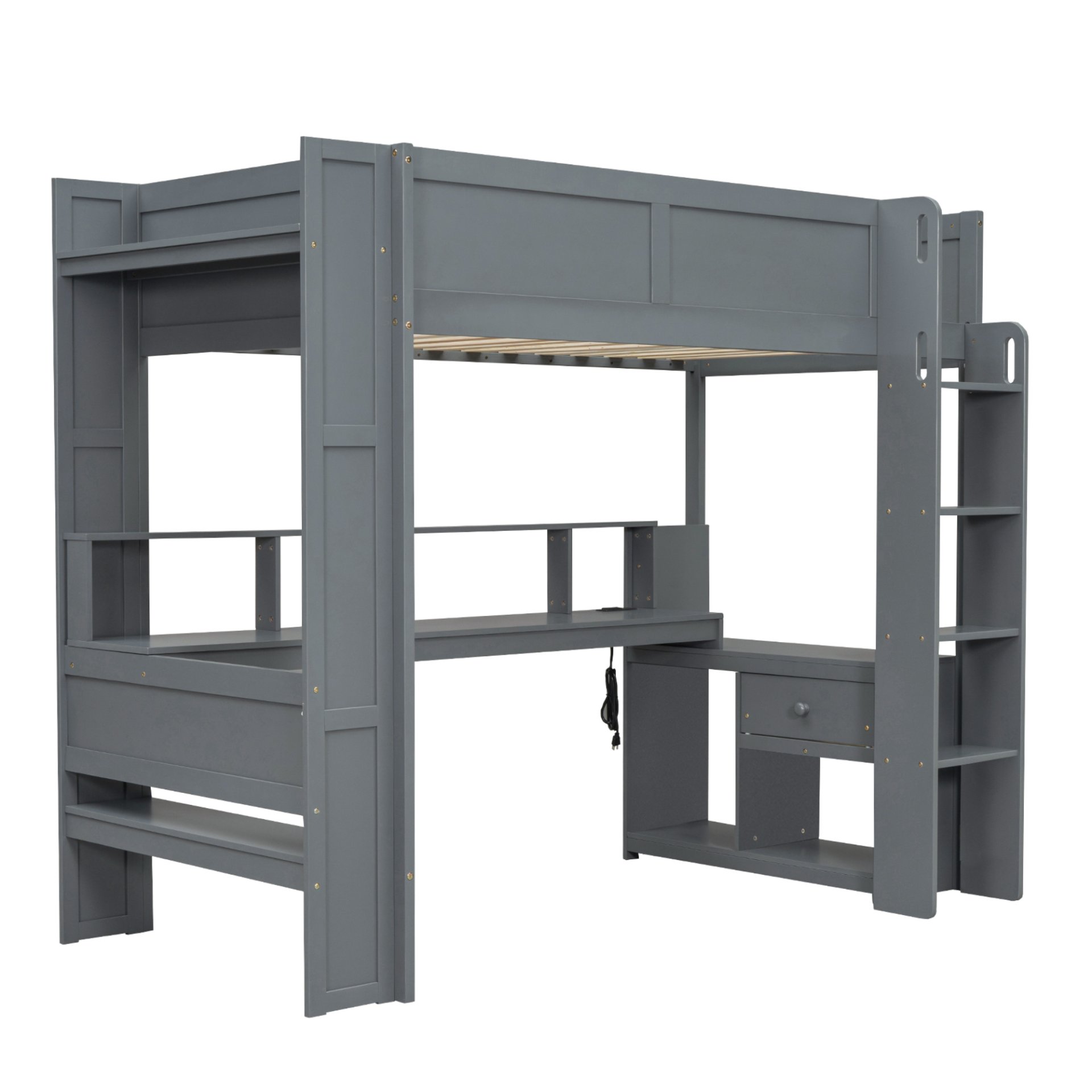Twin Size Gaming Loft Bed With Desk, Multi Storage Shelves, LED And Charging Station - Dark Gray - Image 12