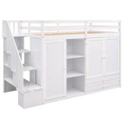 Twin Size Loft Bed With 3 Shelves, 2 Wardrobes, 2 Drawers, Ladder Storage, No Box Spring Needed - White