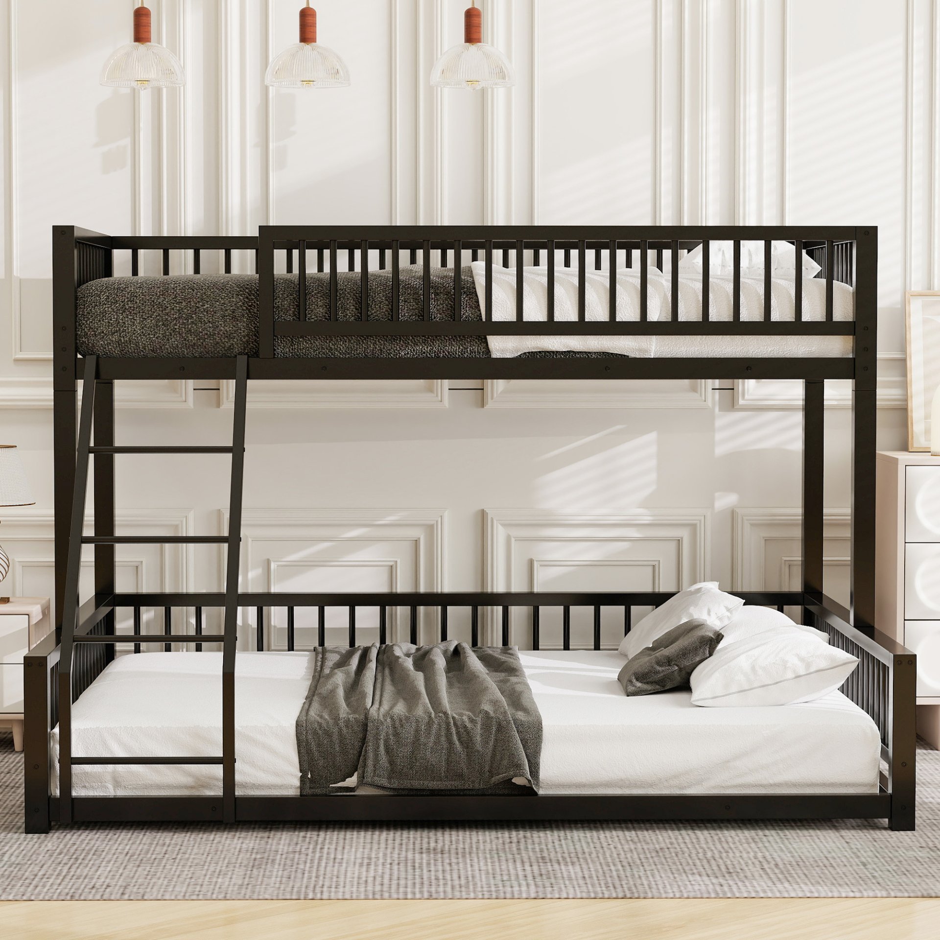 Twin Long Over Queen Bunk Bed Frame With Ladder And Safety Guardrails - Black - Image 4