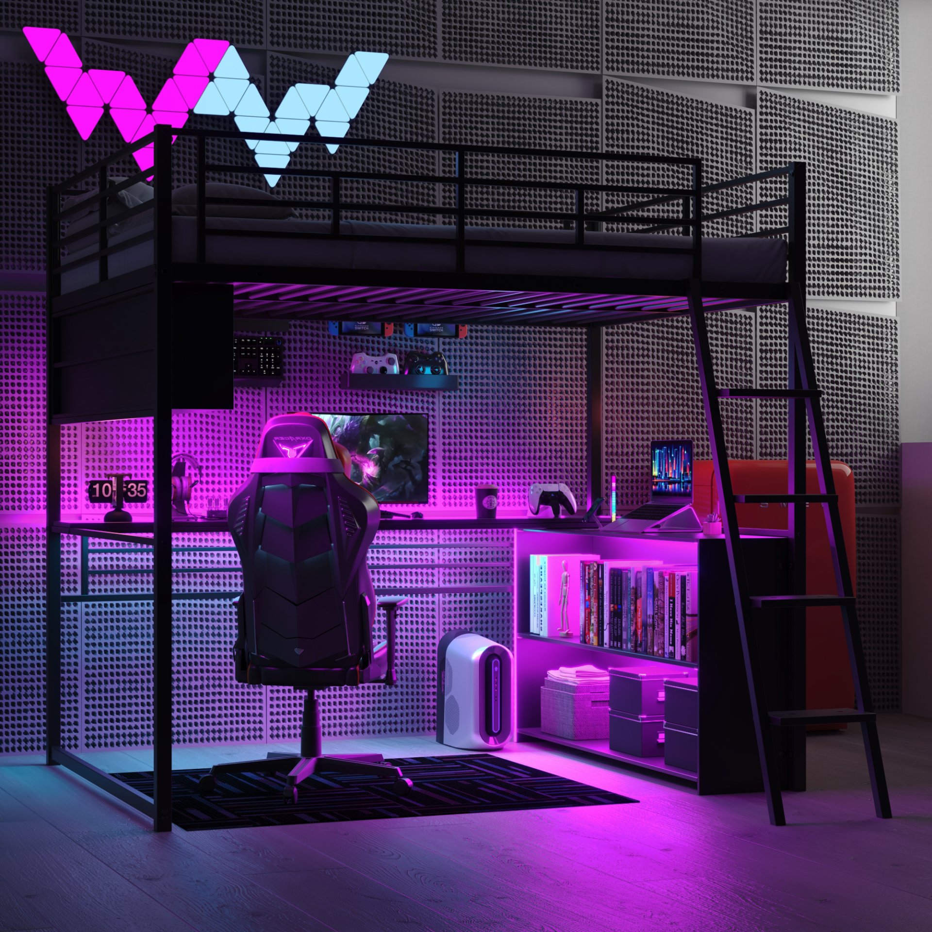 Full Size Loft Bed With LED Desk And 4 Storage Shelves - Black - Image 5