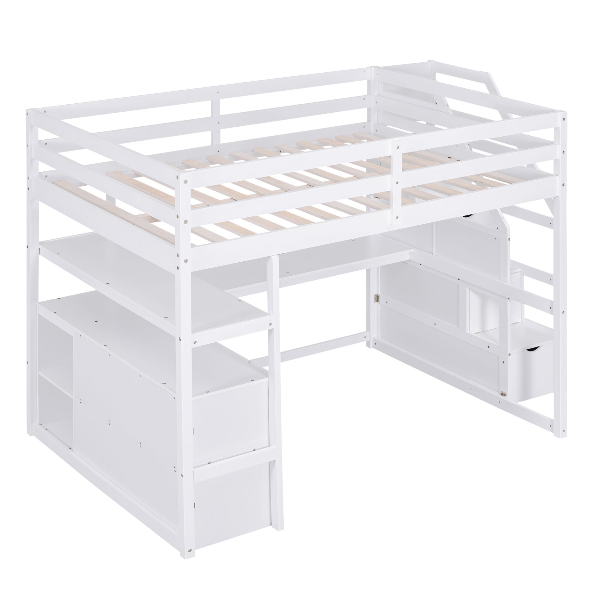 Full Size Loft Bed With Desk, Shelves, 2 Drawers, Storage Staircase - White - Image 11