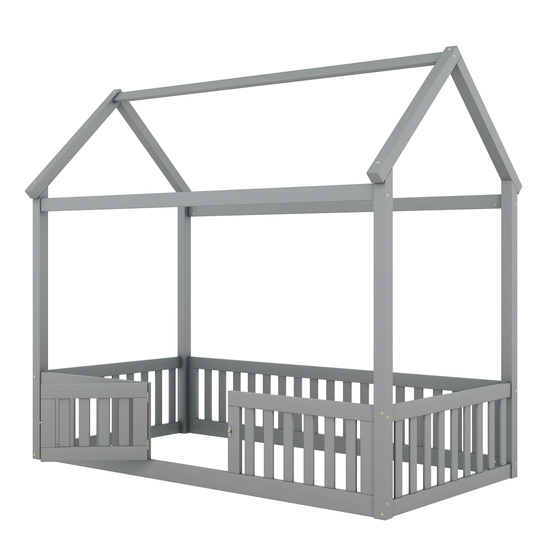 Twin Size House Bed With Fence And Door - Gray - Image 7