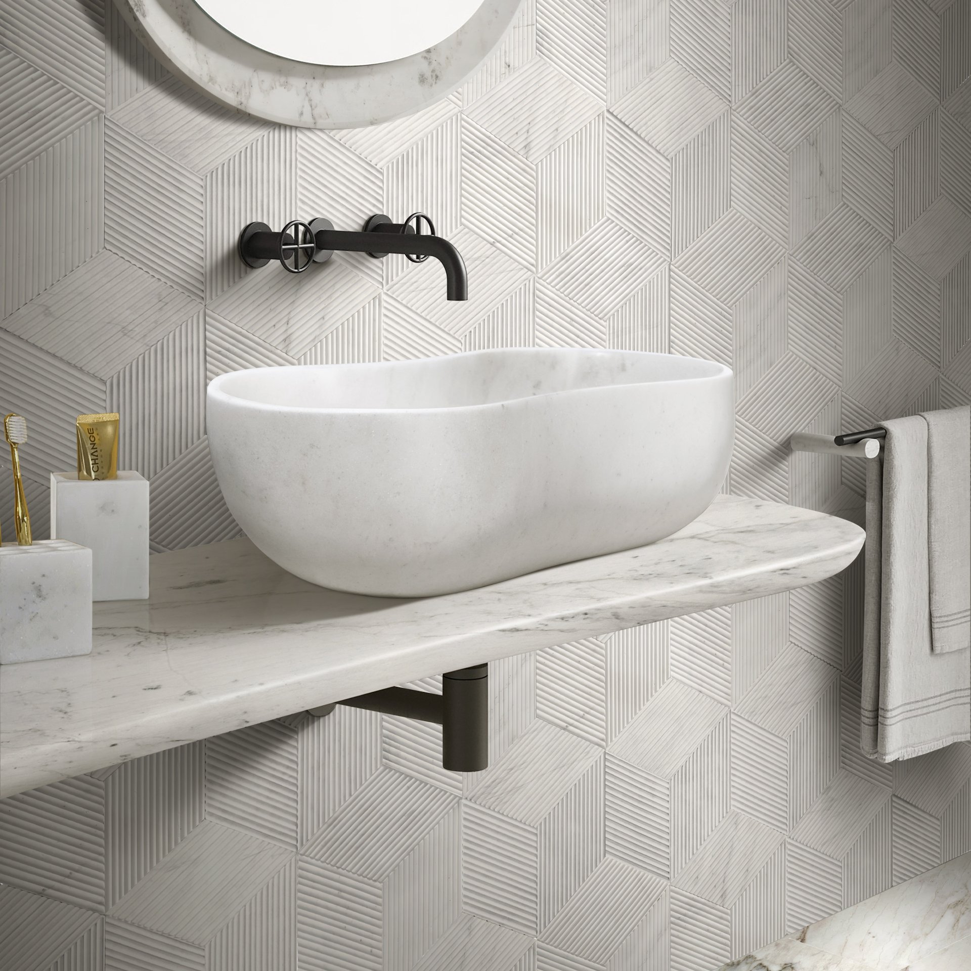 Bathroom Vessel Sink, Wavy Design, Semi Polished Surface - White / Natural - Image 6