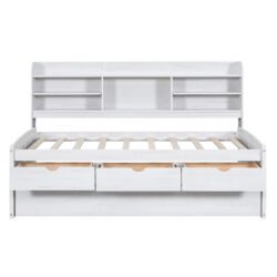 Twin Size Captain Bed With Built In Bookshelves, 3 Storage Drawers, And Trundle - White Washed