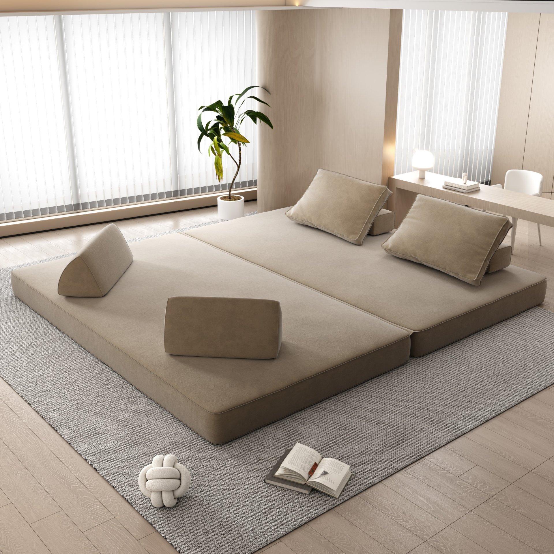 Multifunctional Convertible Sofa Bed With 2 Tumbler Backrests And 2 Pillows, Diy Modern Upholstered Couch - Camel - Image 15