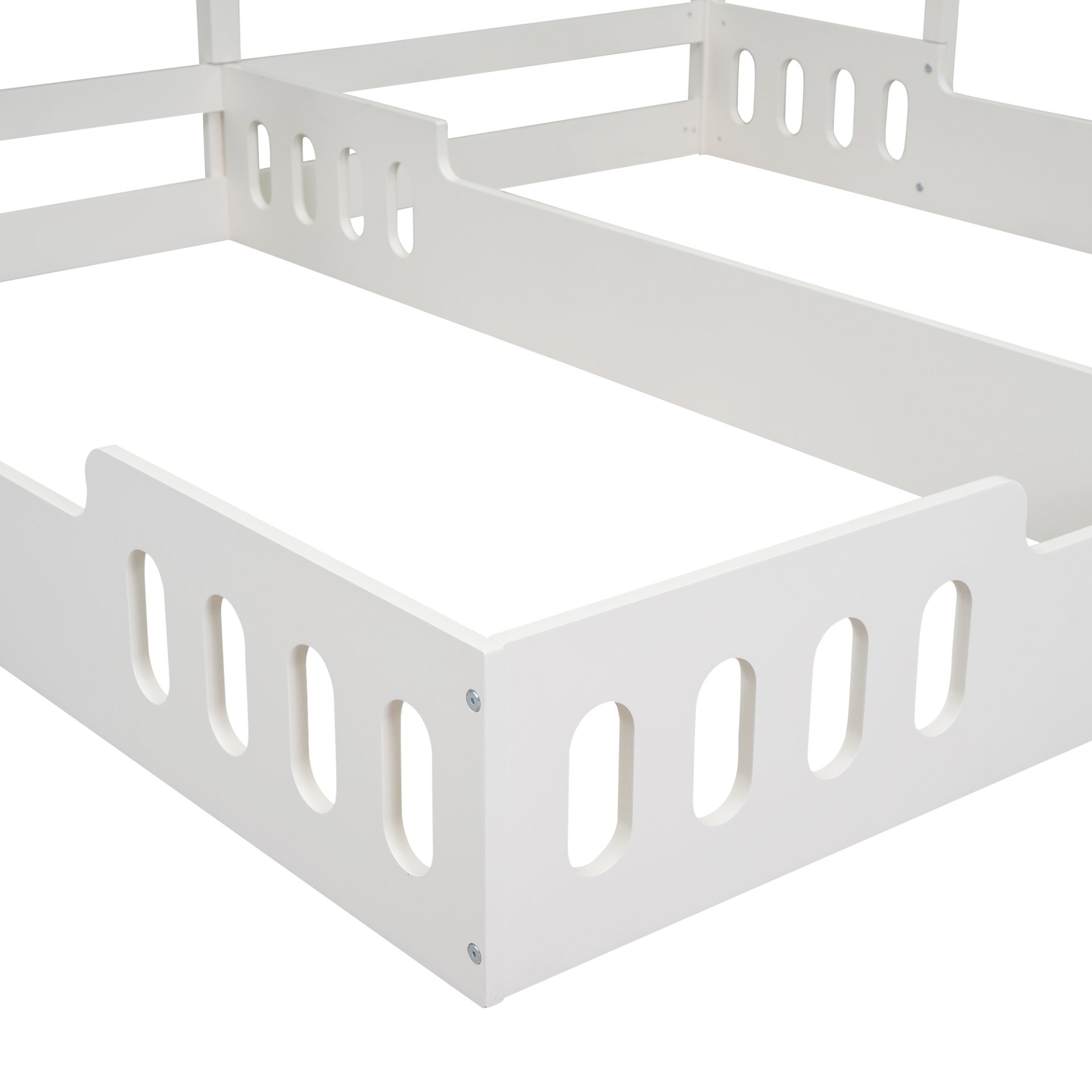 Twin Size Platform Bed With Shared Design, Guardrails, And Built In Shelves - Creamy White - Image 8