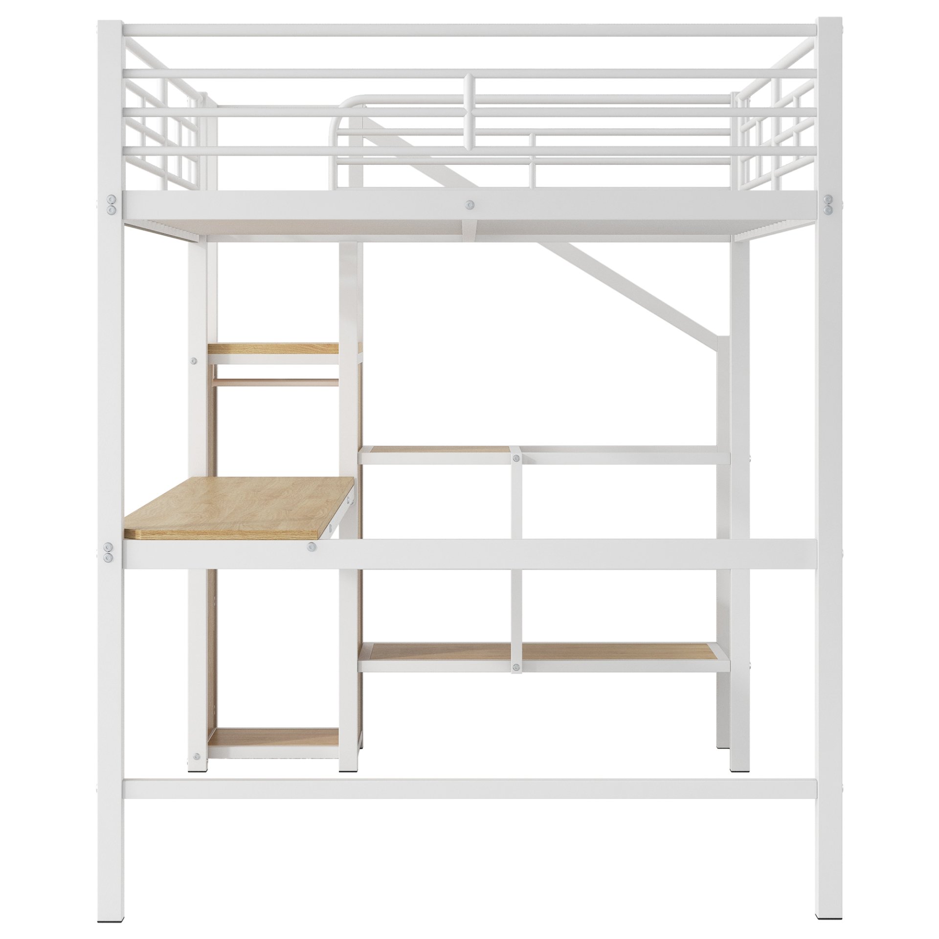 Full Size Loft Bed With Desk, Storage Staircase, Small Wardrobe And LED Light - White - Image 14