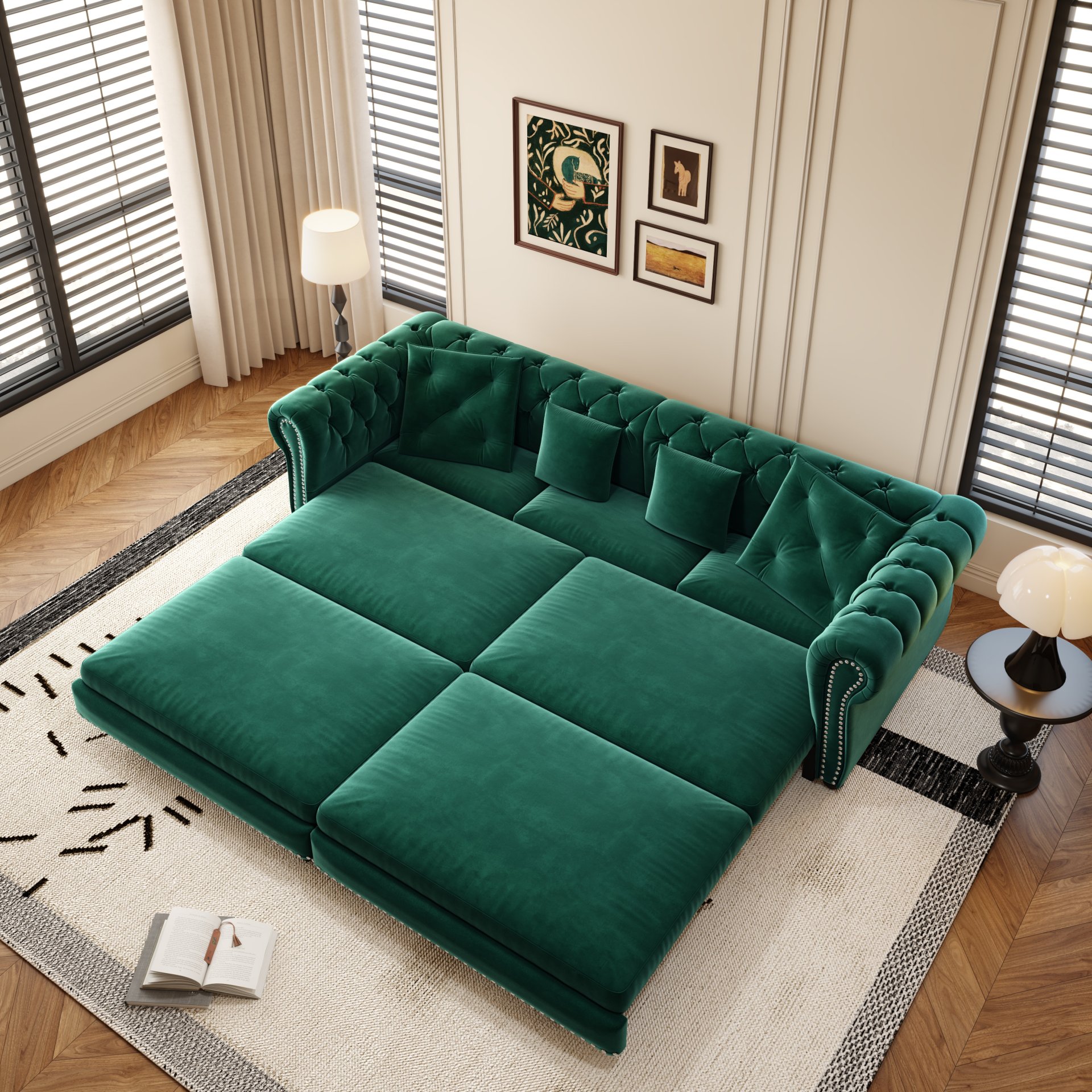 3 In 1 Pull Out Sofa Bed, Convertible Sleeper Sofa Bed, 3 Seater Sofa With Movable Ottoman - Green - Image 2