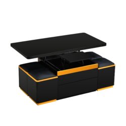 Lift Top Coffee Table With 4 Storage Stools, Foldable Top - Black