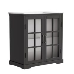 Bathroom Vanity With Sink, Tempered Blurred Glass Doors - Matte Black