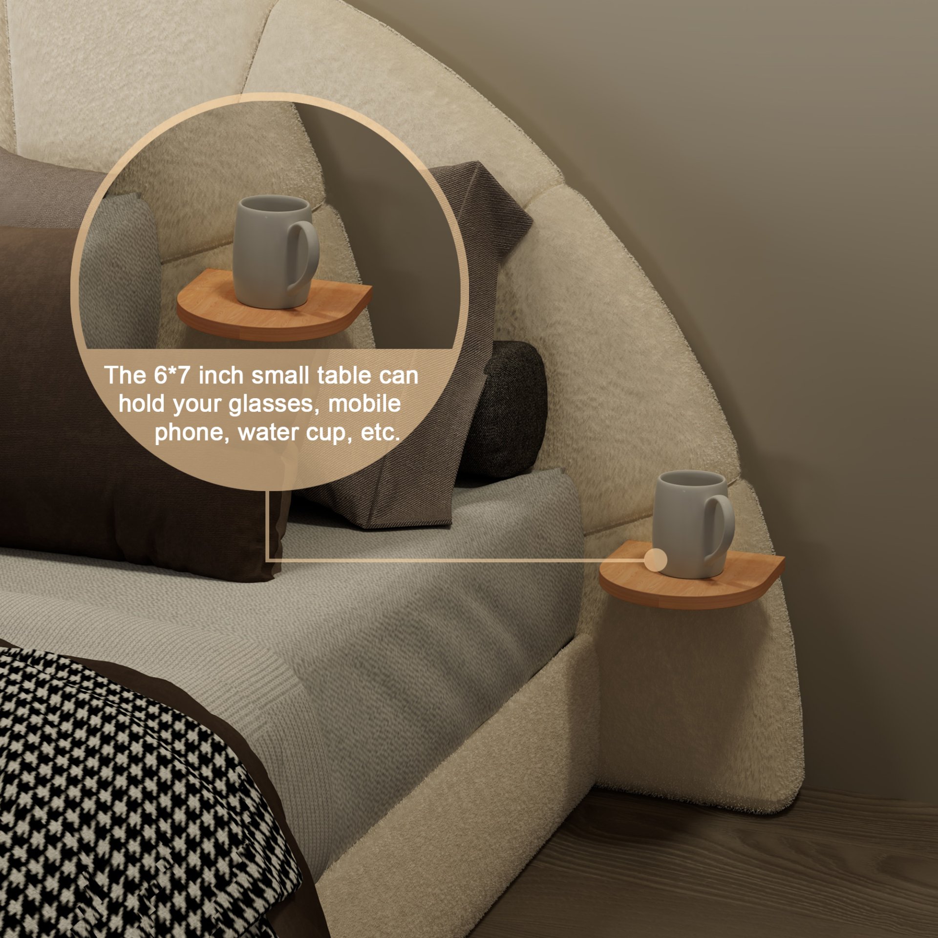 Queen Arched Bed With Small Table, Floor Standing Design - Beige - Image 7