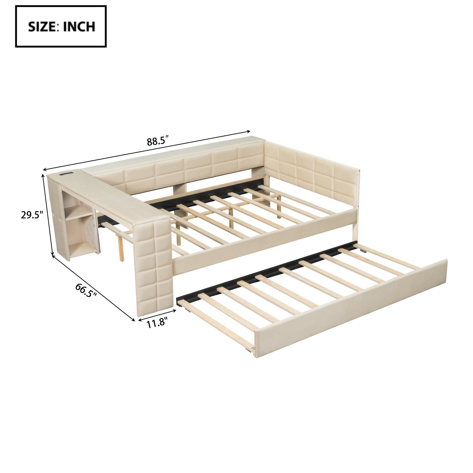 Upholstered Full Size Platform Bed With Storage Shelves, Desk, Charging Station And Trundle - Beige - Image 3