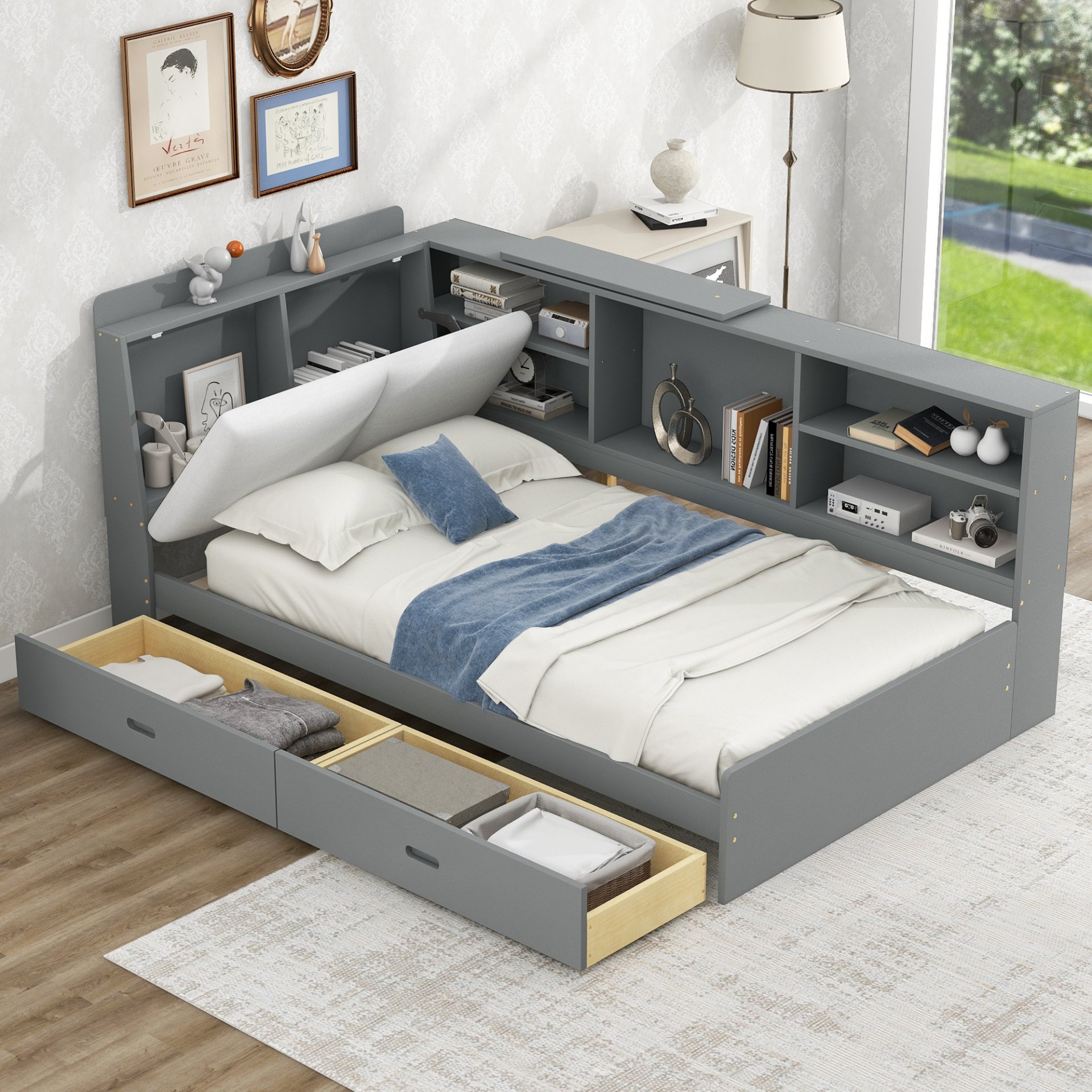 Twin Size Platform Bed With Storage Headboard, Shelves And 2 Drawers - Antique Gray - Image 2