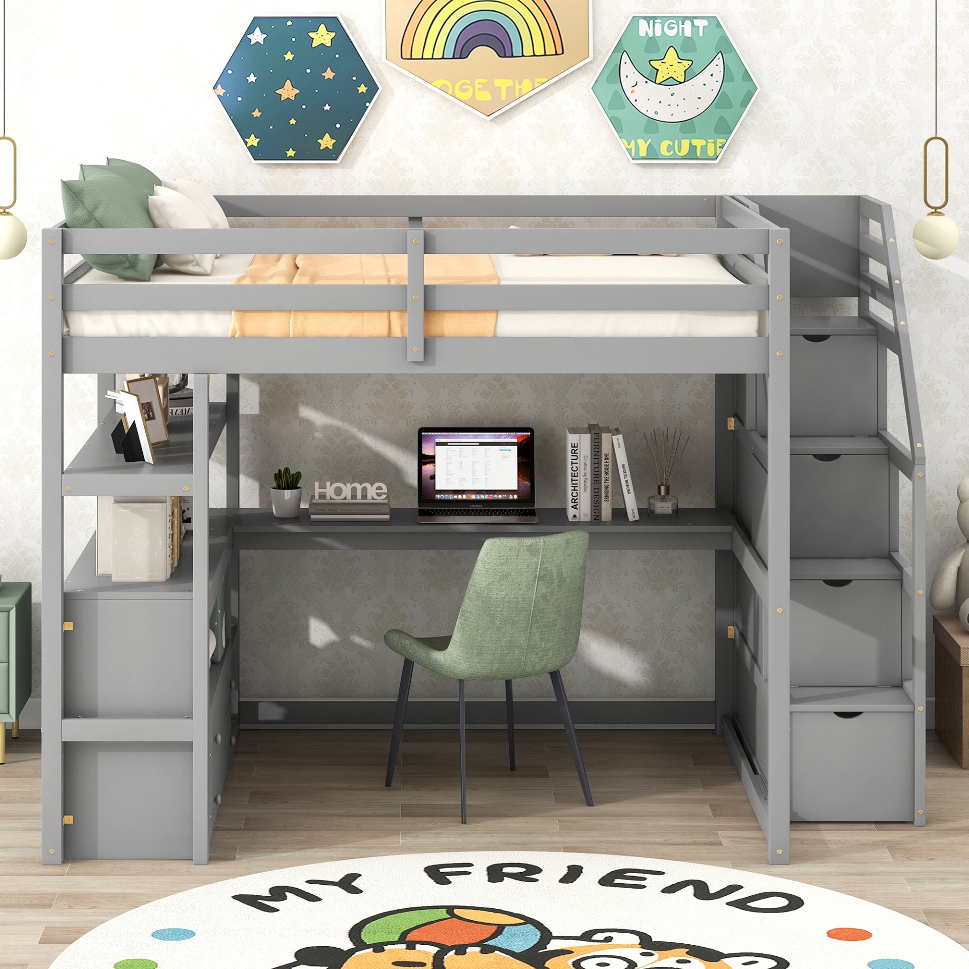 Full Size Loft Bed With Desk, Shelves, 2 Drawers, Storage Staircase - Gray - Image 4