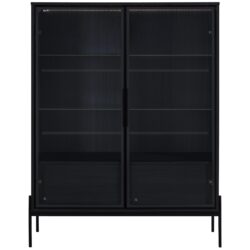 Modern Minimalist Style LED Curio Cabinet With Tempered Glass Door, Metal Legs - Black