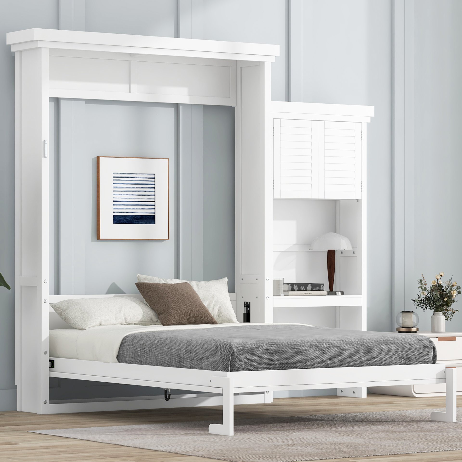 Queen Size Murphy Bed With Louvered Design And Multiple Storage Shelves - White - Image 2