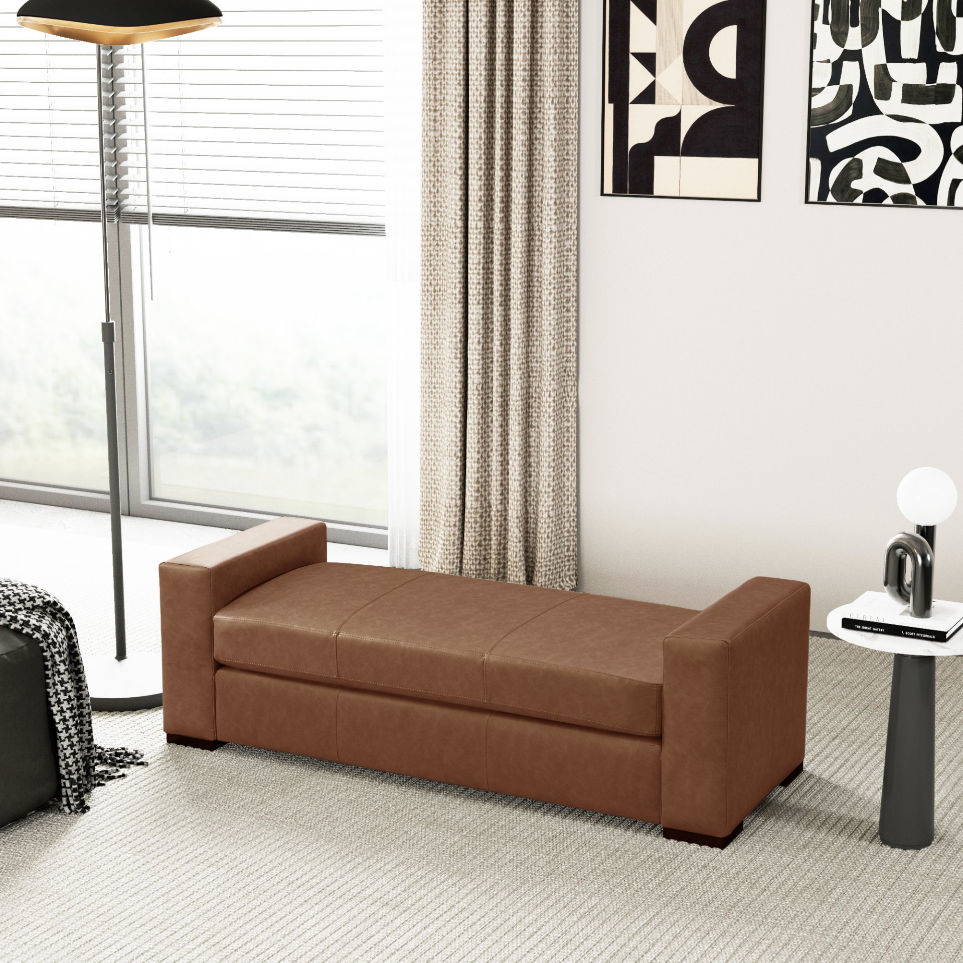 Ottoman With Unique Armrest Design For Living Spaces - Brown Pu - Image 4