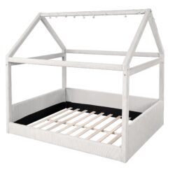 Full Size Upholstered House Style Daybed With LED Light Strips - Beige