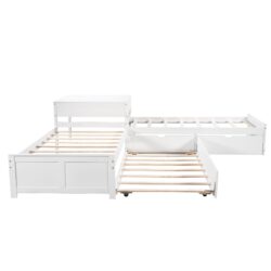 L-Shaped Platform Bed With Trundle And Drawers Linked With Built In Desk, Twin - White