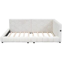 Upholstered Full Size Platform Bed With LED Belt And USB Ports - White