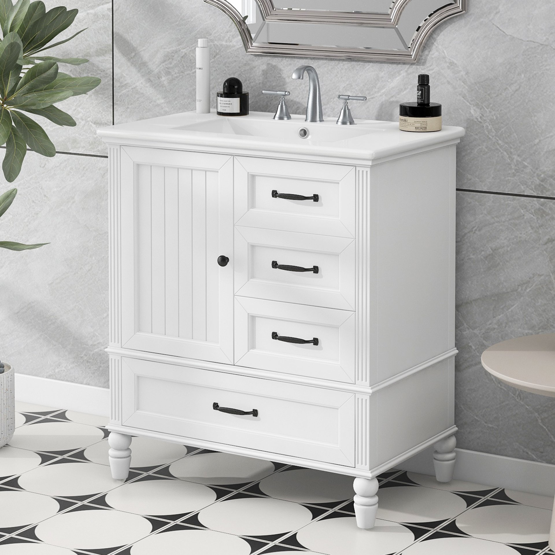 30" Bathroom Vanity With Sink, 3 Drawers, Adjustable Feet - White - Image 2