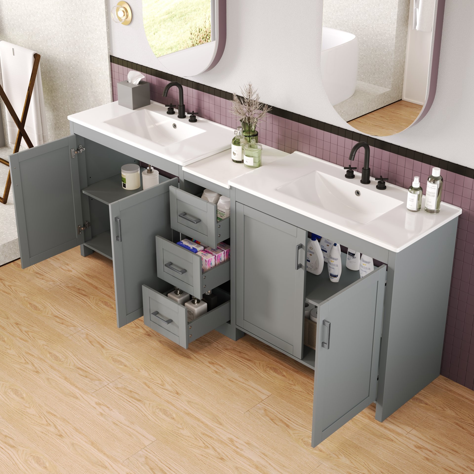 Double Sink Bathroom Vanity With Quartz Countertop, Adjustable Shelves, 3 Drawers - Gray - Image 6