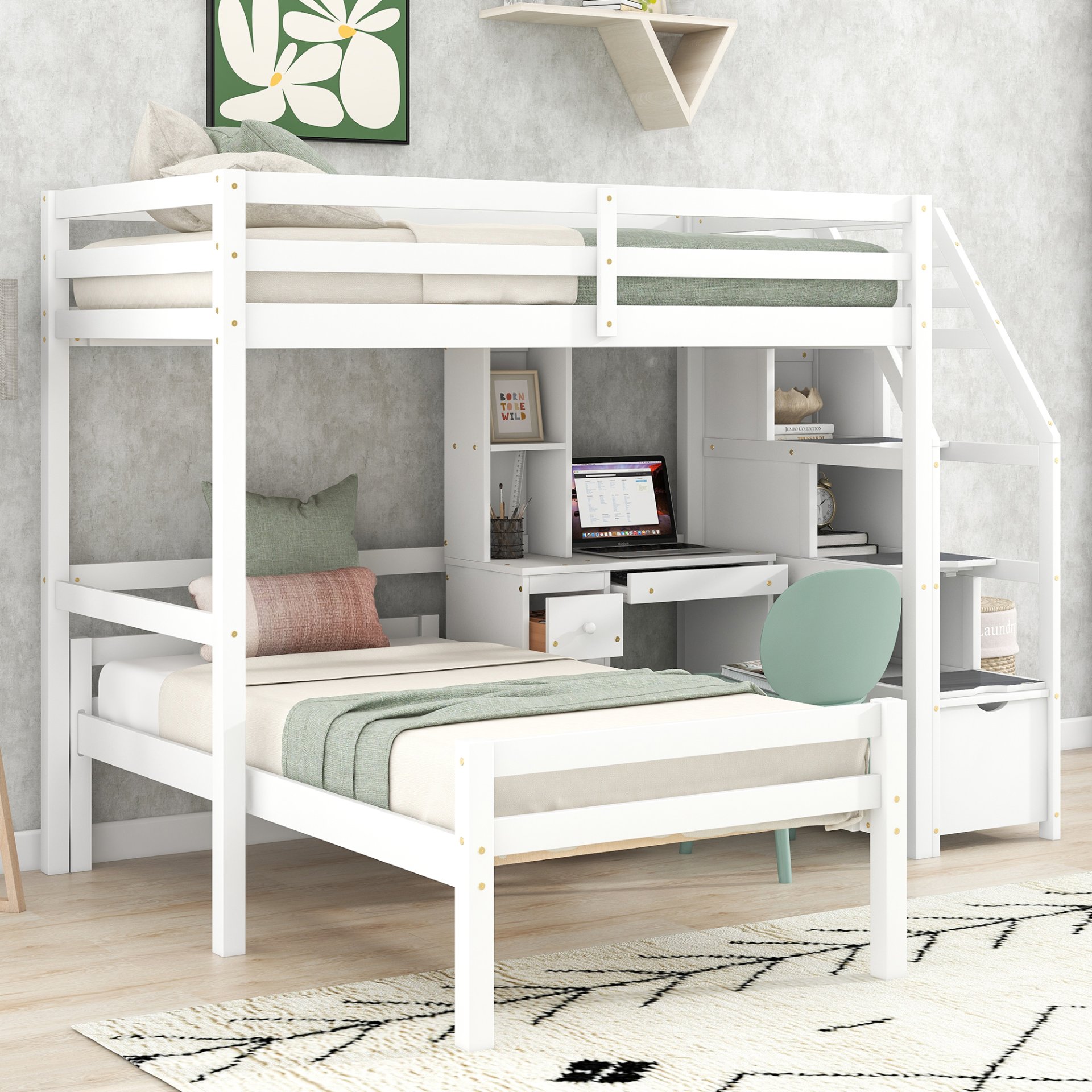 Twin Size Loft Bed With Stand Alone Bed, Storage Staircase, Desk, Shelves, And Drawers - White - Image 6
