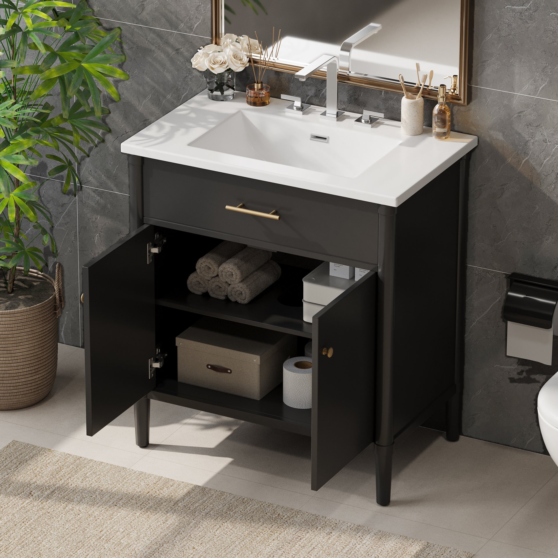 Bathroom Vanity With Sink, Soft Close Doors And Adjustable Shelf, Curved Profile Design - Black - Image 5