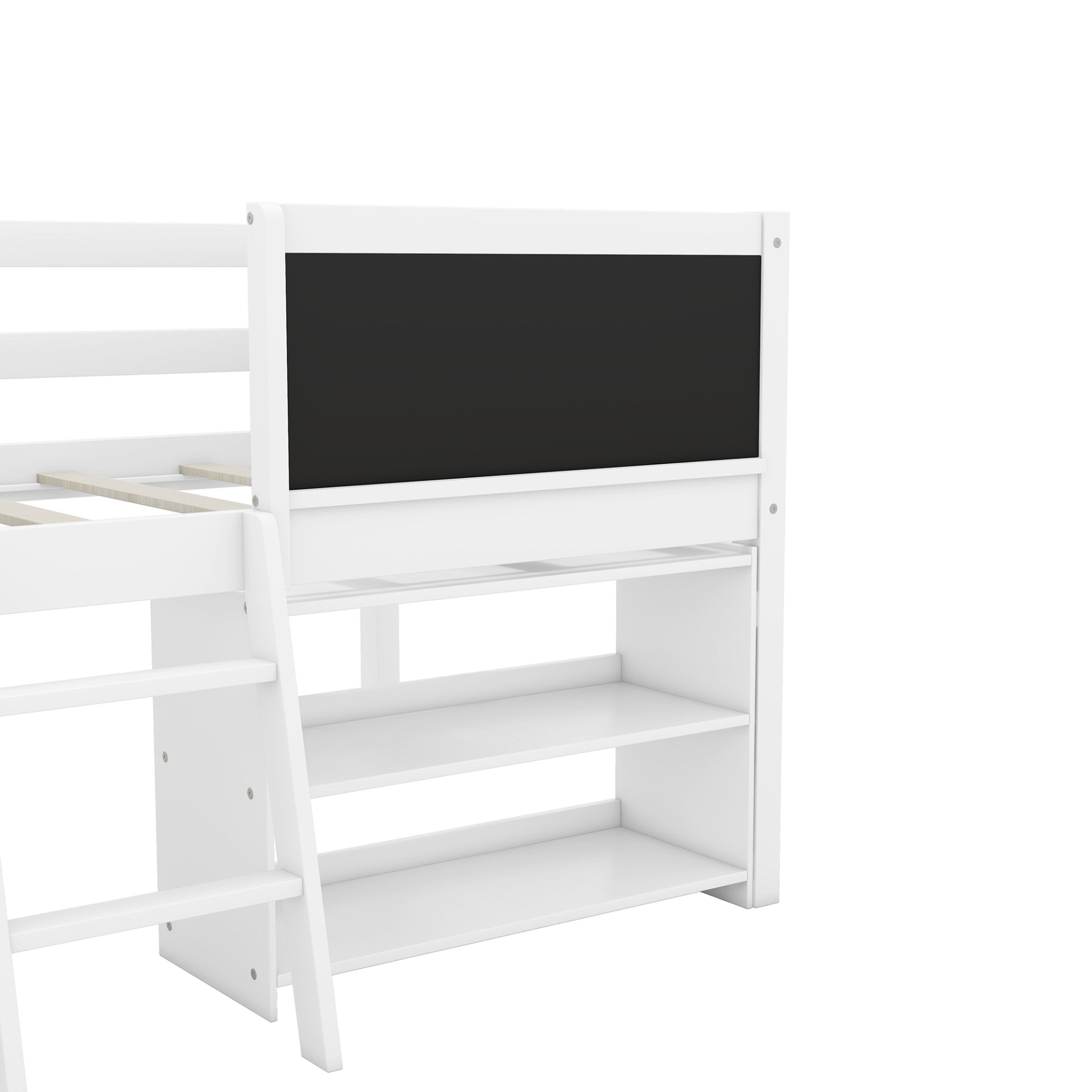 Twin Size Low Loft Bed With Movable Shelves And Ladder, Decorative Chalkboard Guardrail - White - Image 8
