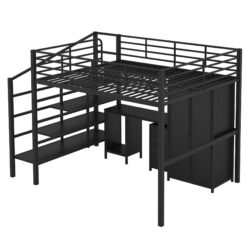 Full Size Loft Bed With Desk Set And Wardrobe - Black