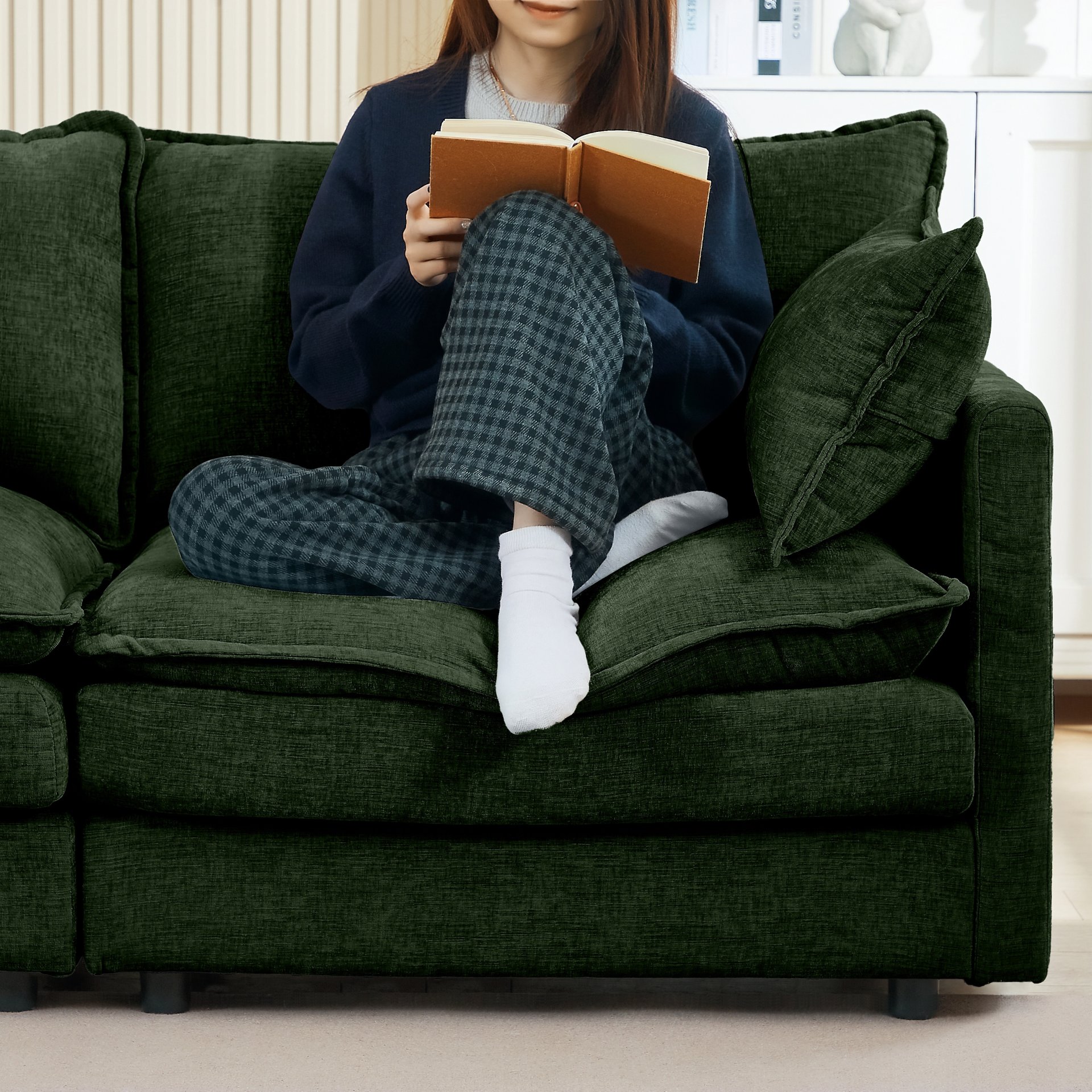 U-Shaped Sectional Sofa, 4 Seater Comfy Cloud Couch With Movable Ottoman - Green - Image 8