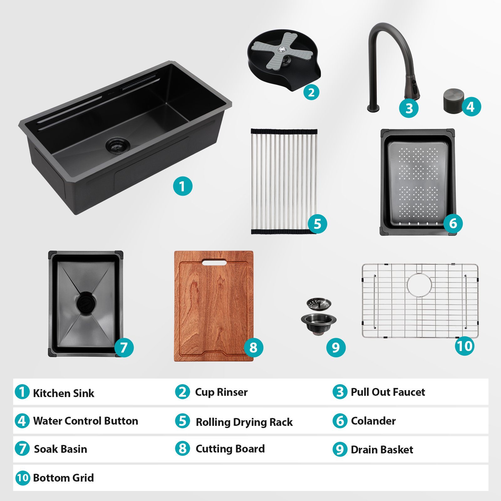 33" Undermount Stainless Steel Kitchen Sink With Pull Down Faucet & Ledge Workstation 16 Gauge T304, Single Bowl - Gunmetal Black - Image 12