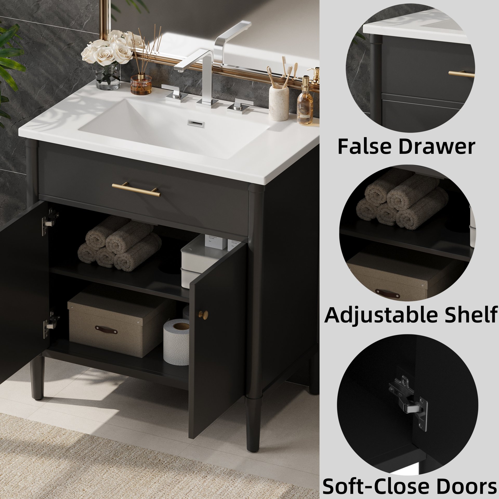 Bathroom Vanity With Sink, Soft Close Doors And Adjustable Shelf, Curved Profile Design - Black - Image 6