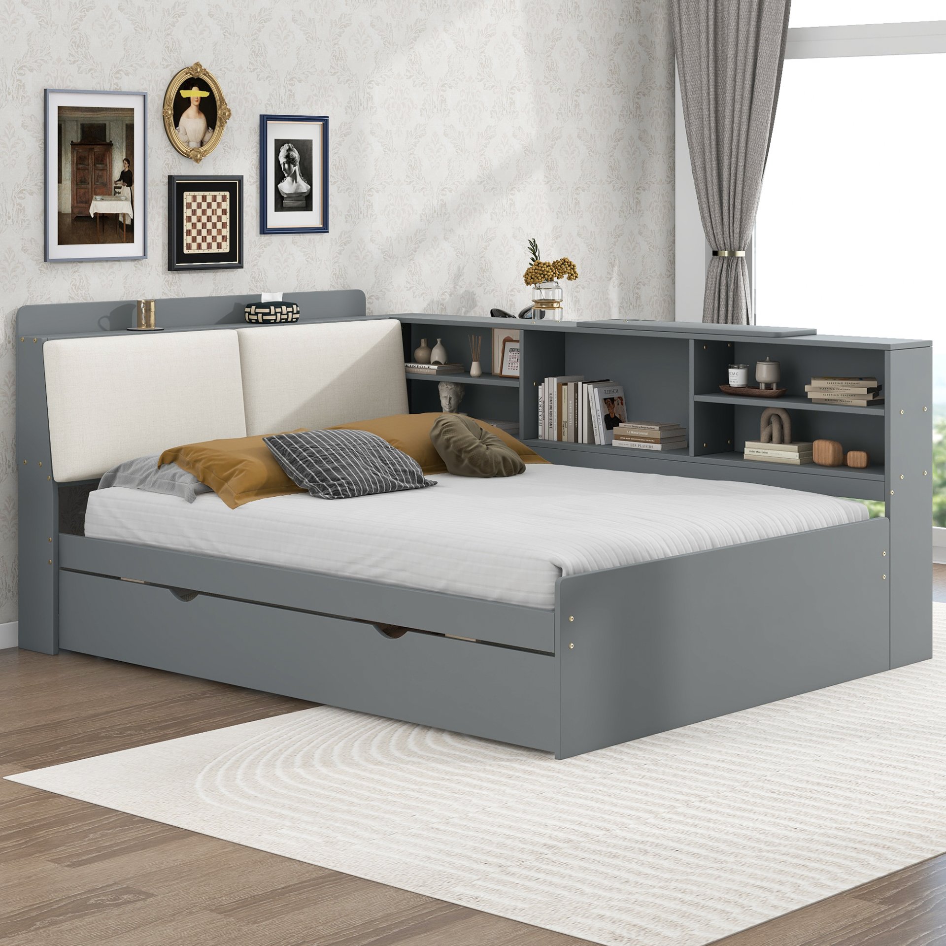 Full Size Platform Bed With Trundle, Shelves, And Storage Headboard - Gray - Image 2