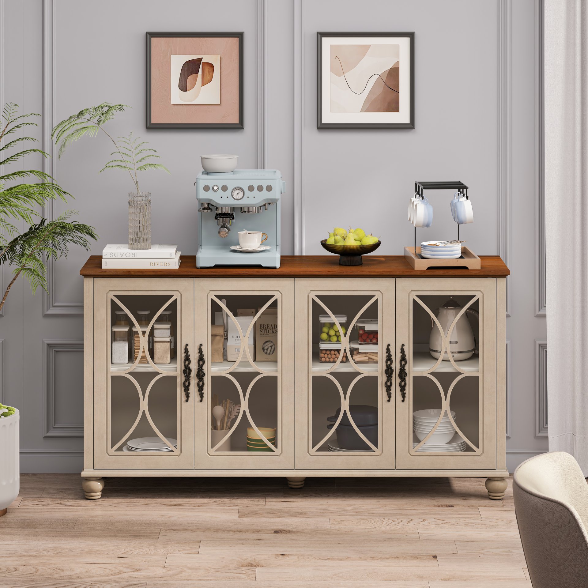 Elegant 4 Door Cabinet With Tempered Glass Doors - Beige - Image 4