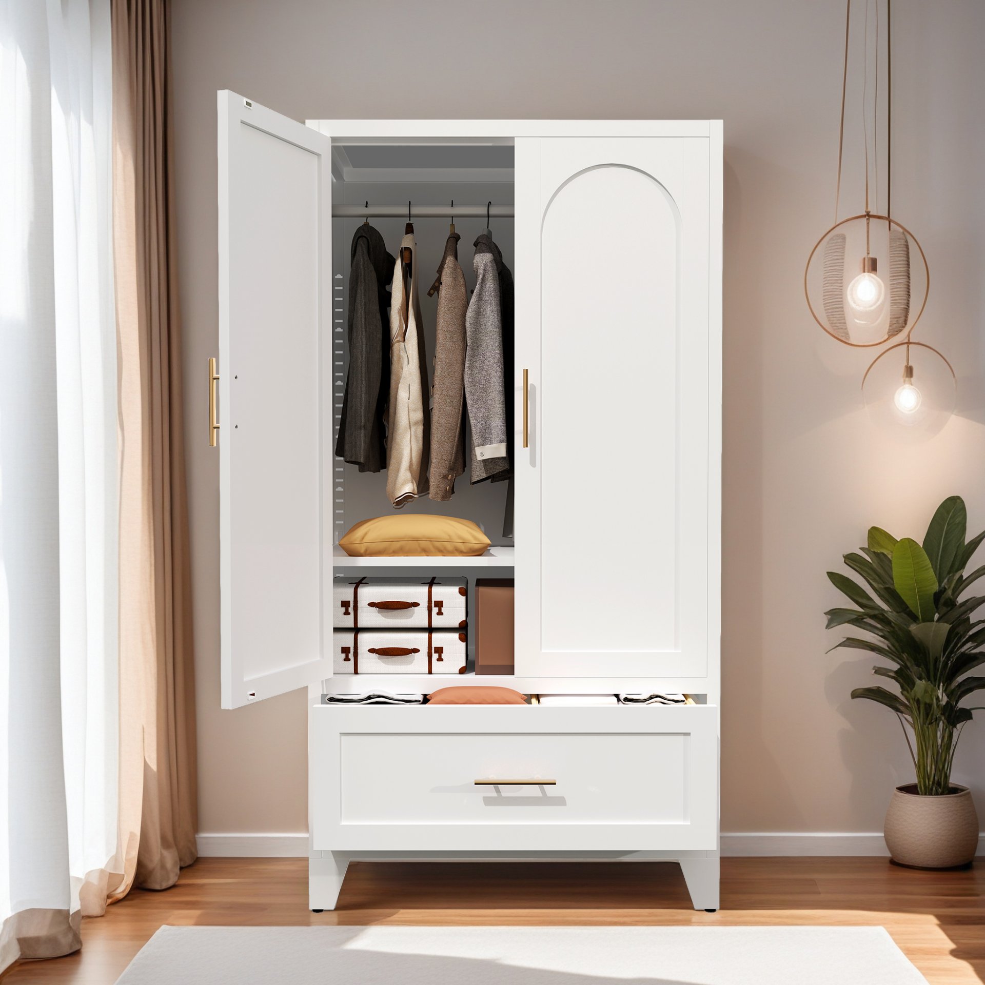Wardrobe Cabinet With 1 Drawer And Hanging Rod, 2 Doors Closet With Shelf For Bedroom - White - Image 2