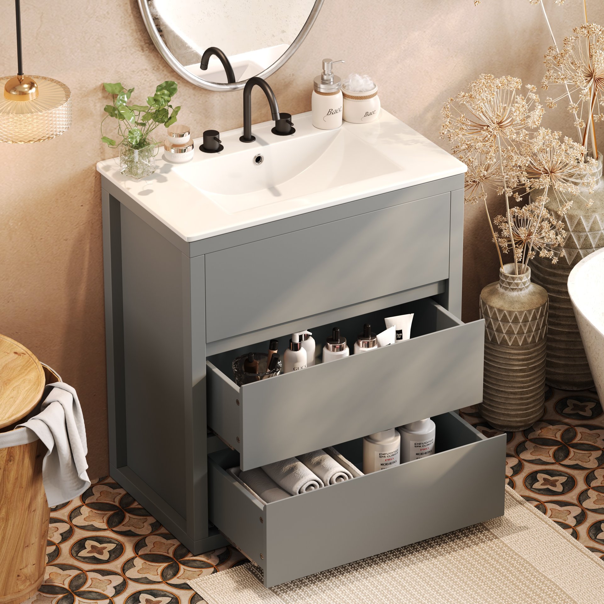 Freestanding Bathroom Vanity With Sink, 2 Full Extension Drawers, Soft Close Slides - Gray - Image 4