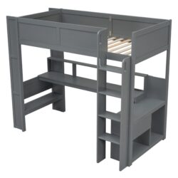 Twin Size Gaming Loft Bed With Desk, Multi Storage Shelves, LED And Charging Station - Dark Gray