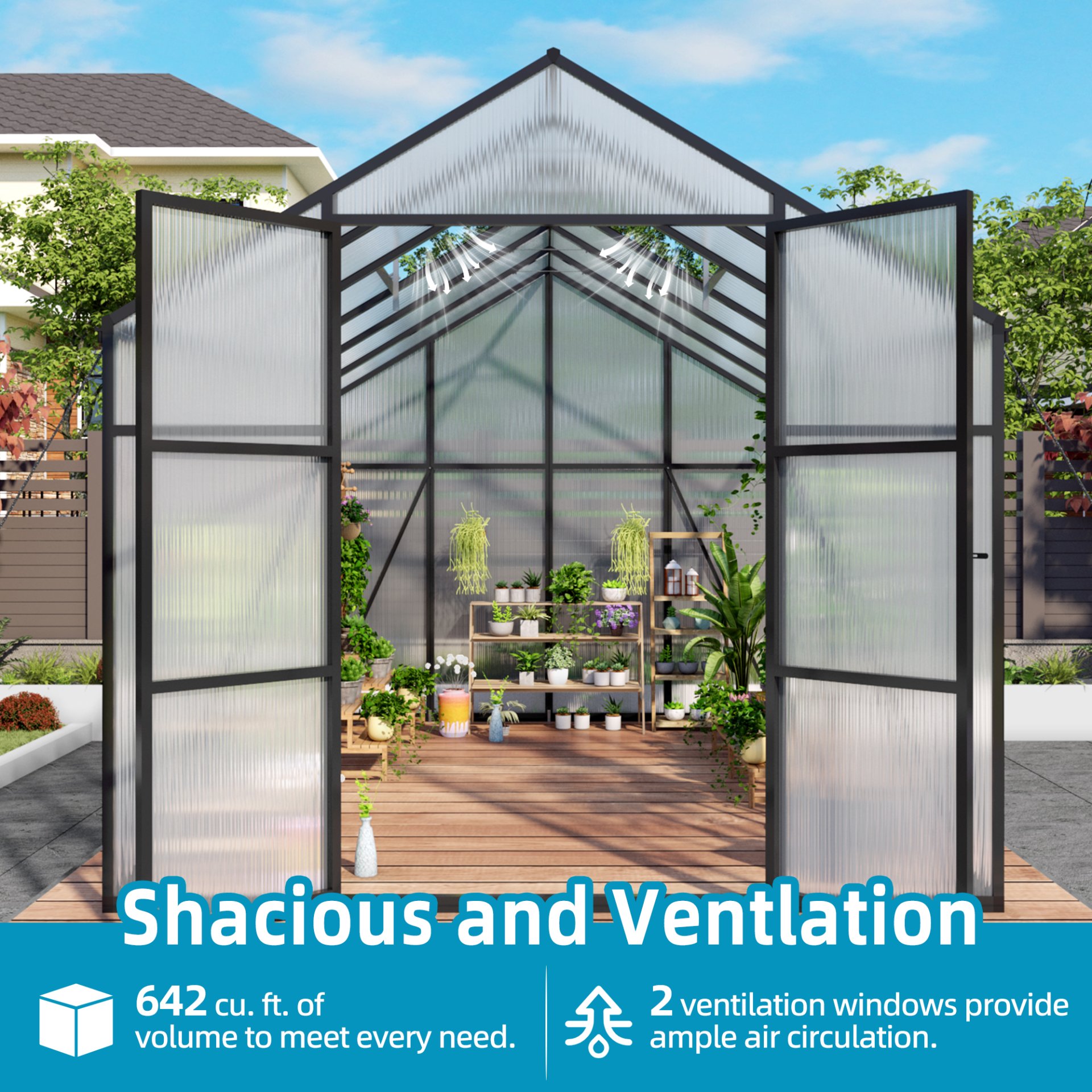 Greenhouse 8 X 12 Ft Polycarbonate Greenhouse With Raised Base And Anchor Frame In For Outdoor Backyard All Season Use - Black - Image 7