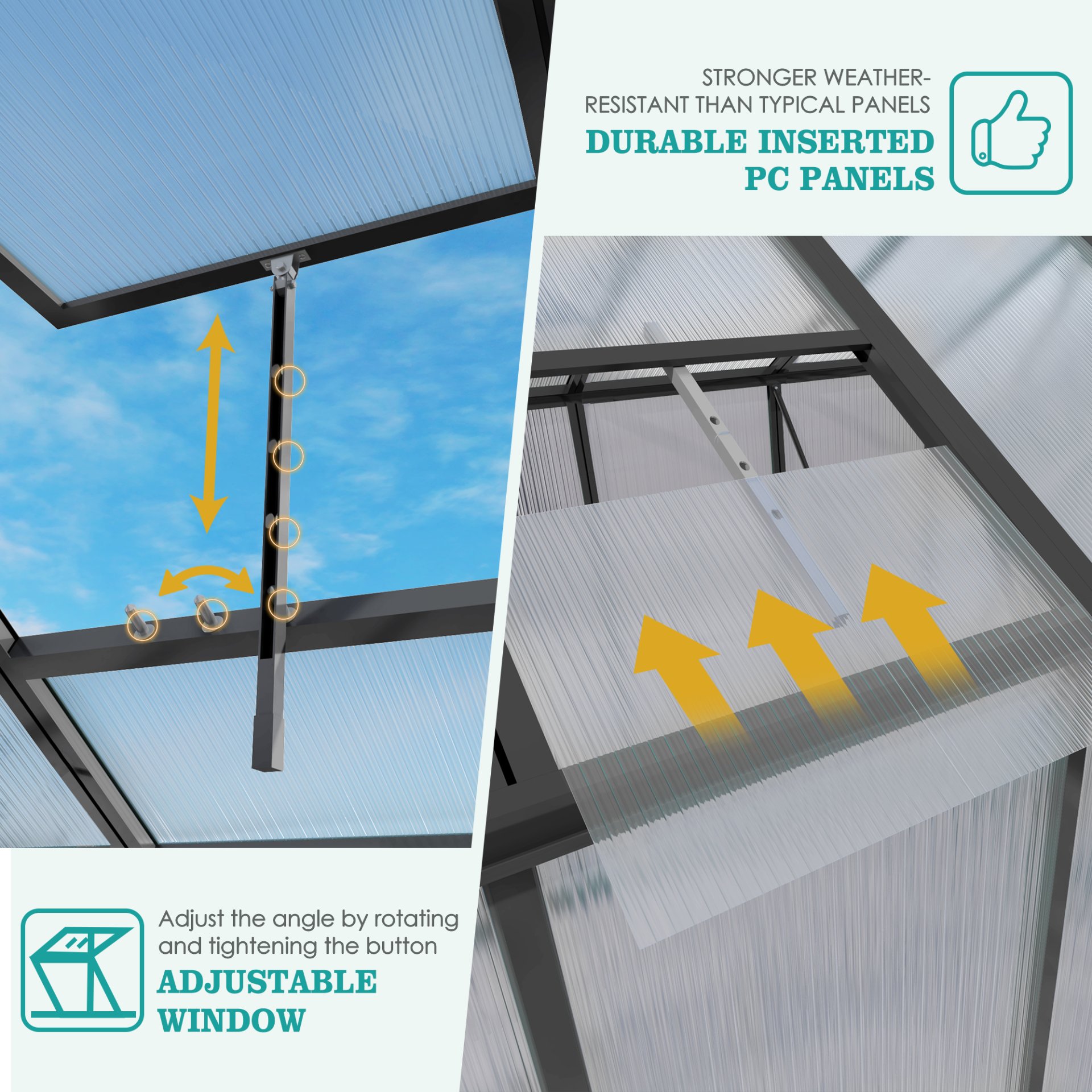 Gain Height Windproof Greenhouse 6 X 8 Ft Polycarbonate With Raised Base And Anchor Alloy Frame, All Season Outdoor Garden Shelter - Black - Image 5