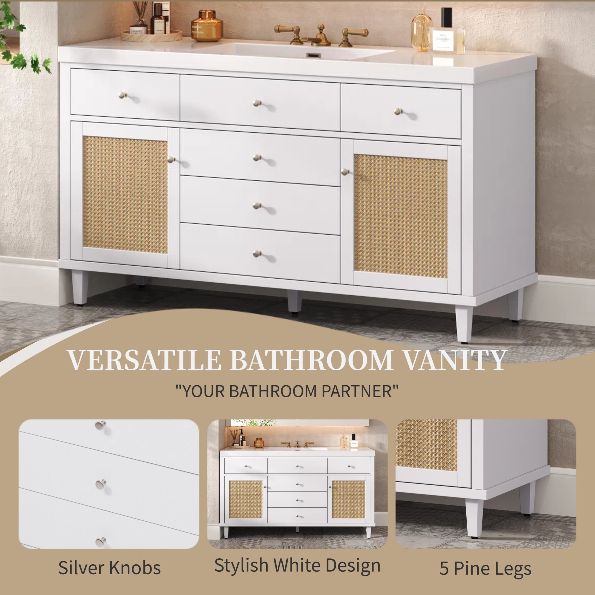 Bathroom Vanity With Sink, Soft Close Drawers - White - Image 8