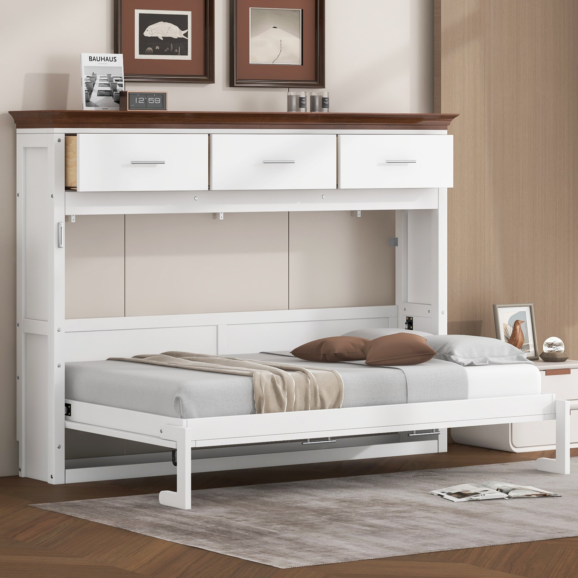 Twin Size Murphy Bed With 3 Drawers - White - Image 2